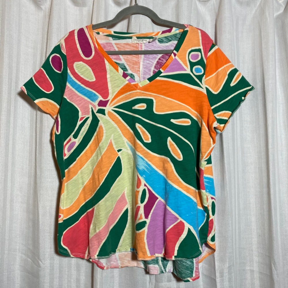 Christian Siriano New York Womens 1X Abstract Tropical Leaf Print V-Neck T-Shirt